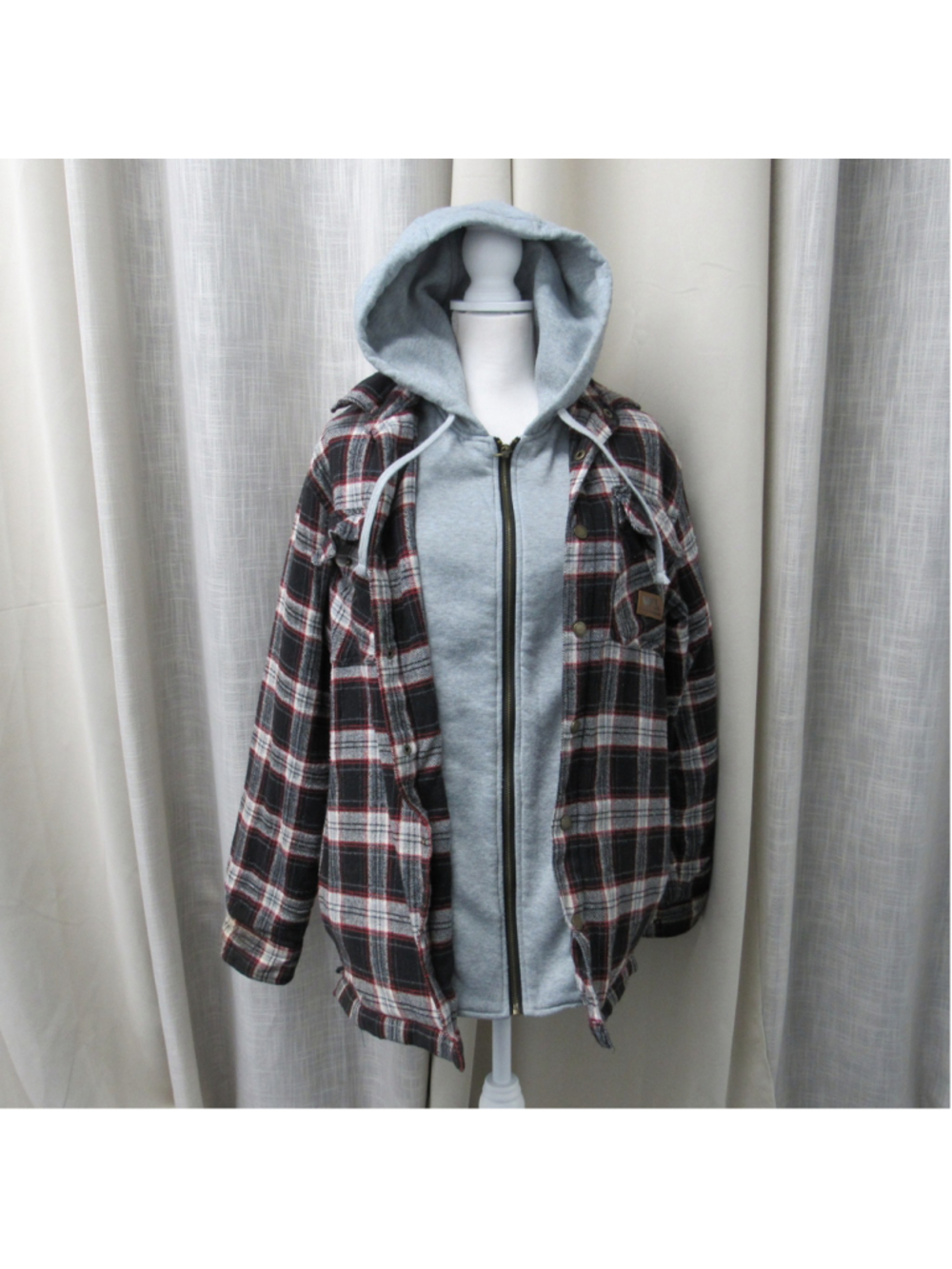 Wells Lamont Plaid Hooded Flannel Shirt Jacket L Black Red Gray Shacket Workwear